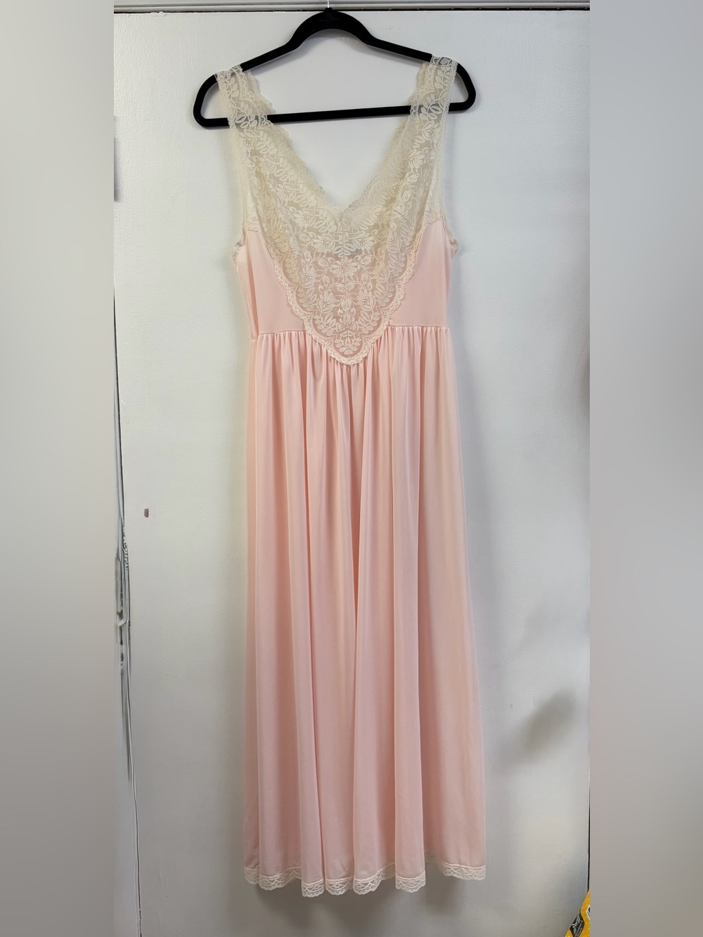 Miss Elaine Vintage Pale Pink Nightgown with Cream Lace V-Neck